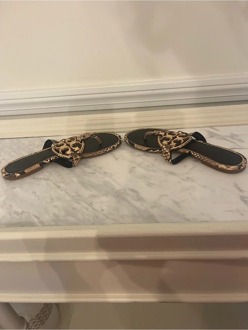 Tory Burch Black & Gold Snake-Print Logo Thong Sandals